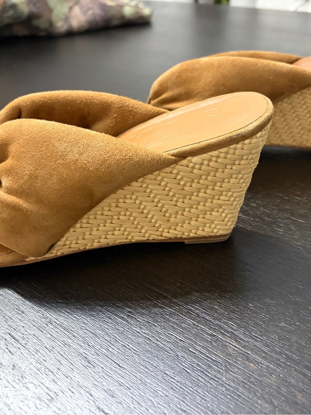 STAUD Brigitte Wedge Sandals Suede Raffia Tabac Natural Tan 39 / US 9 NWOT